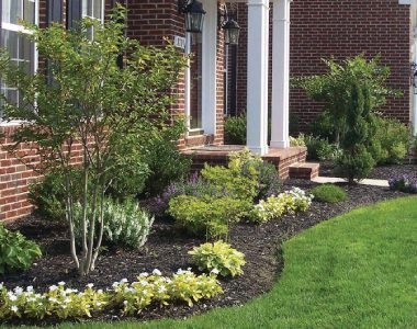A well-manicured garden bed with various green shrubs and white flowers lines a brick house entrance with white columns.