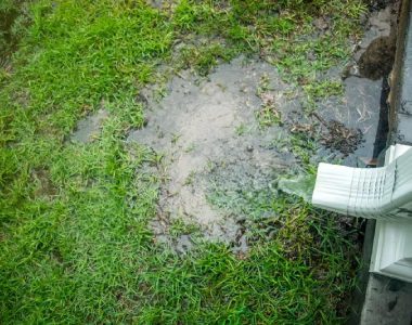 A downspout drains water onto a patch of lush green grass, creating a small puddle.