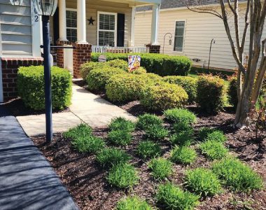 Front yard landscaping with neatly trimmed bushes and a paved walkway leading to a porch. A small flag is placed among the greenery.