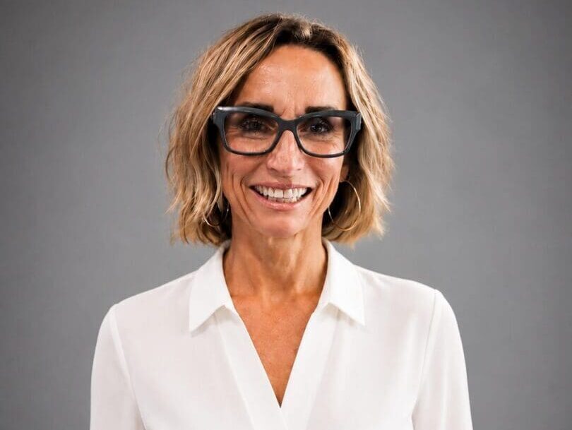 Smiling woman with glasses in white blouse